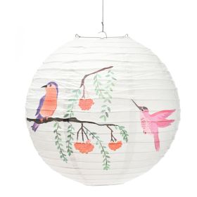 Handmade Round Paper Lantern Chinese/Japanese Style Painted Perching Birds Decorative Hanging Lantern